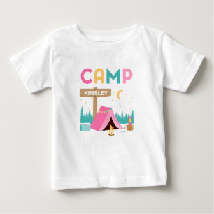 Modern Pink Girls Camping Themed Birthday Baby T-Shirt