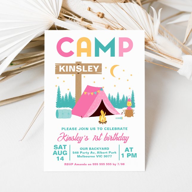 Modern Pink Girls Camping Themed Birthday  Invitation (Colorful Camping 1st Birthday Invitation Baby Girl, Happy Camper, Camping themed First Birthday)