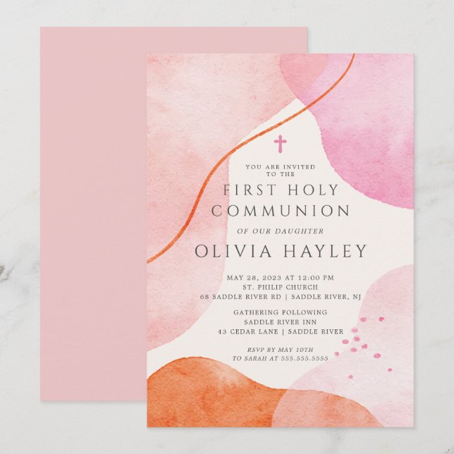 Modern Pink Girls First Communion Invitation (Front/Back)