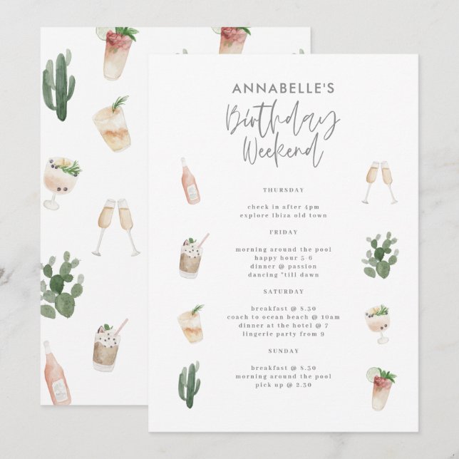 Modern pink girly birthday weekend itinerary  invitation (Front/Back)