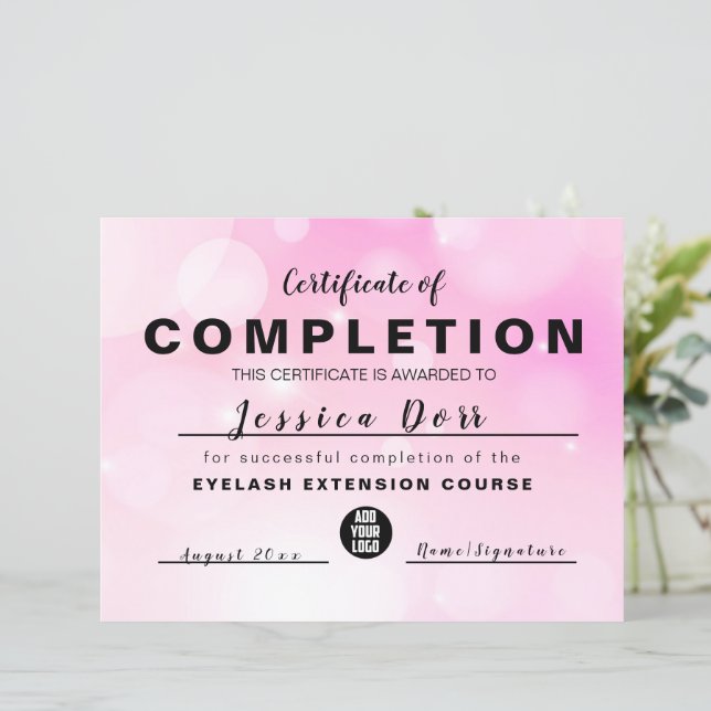 Modern Pink Girly Certificate of completion (Standing Front)