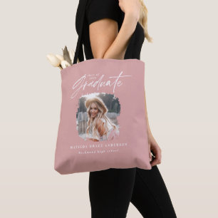 Modern pink girly script photo elegant graduation tote bag