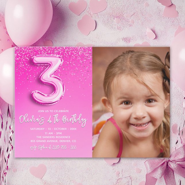 Modern Pink Glitter Balloon 3rd Birthday Photo  Invitation (Creator Uploaded)