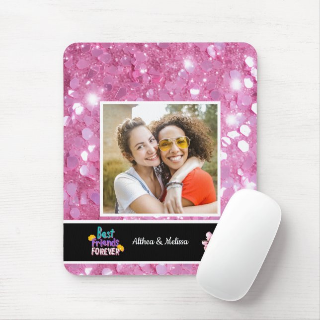Modern Pink Glitter Best Friend Customizable  Mouse Pad (With Mouse)