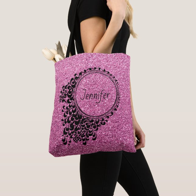 Modern Pink Glitter Black Floral Personalized Tote Bag (Close Up)
