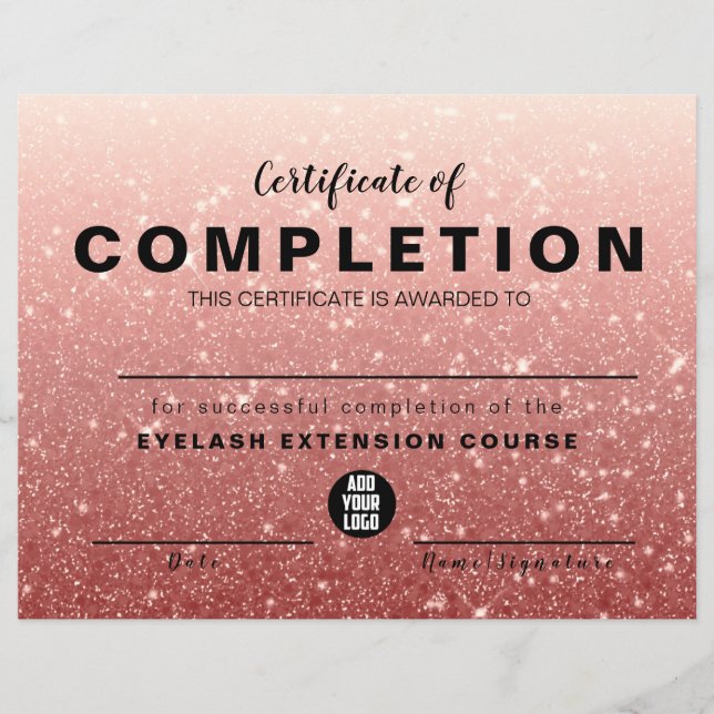 Modern Pink Glitter Certificate of Completion (Front)