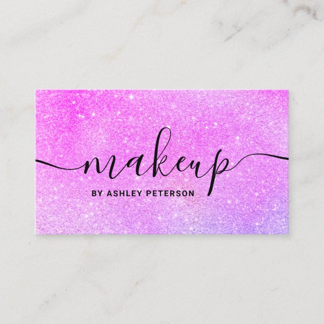 Modern pink glitter chic girly pink makeup business card (Front)