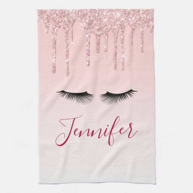 Modern Pink Glitter Drips & Black Eyelashes Kitchen Towel (Vertical)