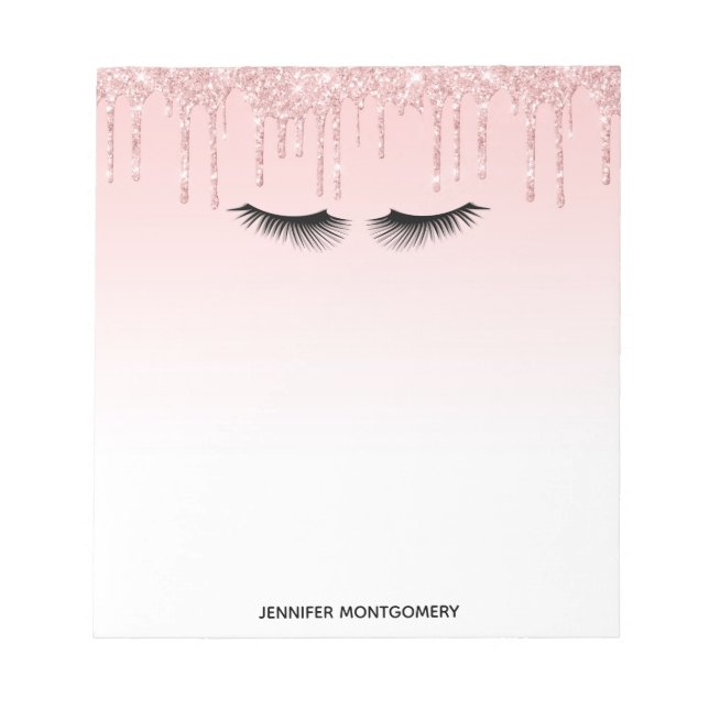 Modern Pink Glitter Drips & Black Eyelashes Notepad (Front)
