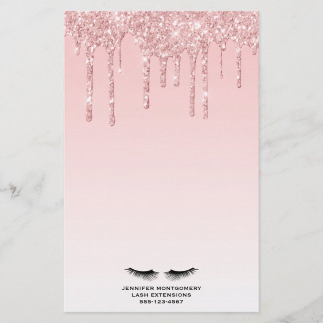 Modern Pink Glitter Drips & Black Eyelashes Stationery (Front)
