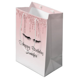 Modern Pink Glitter Drips & Eyelashes Birthday Medium Gift Bag