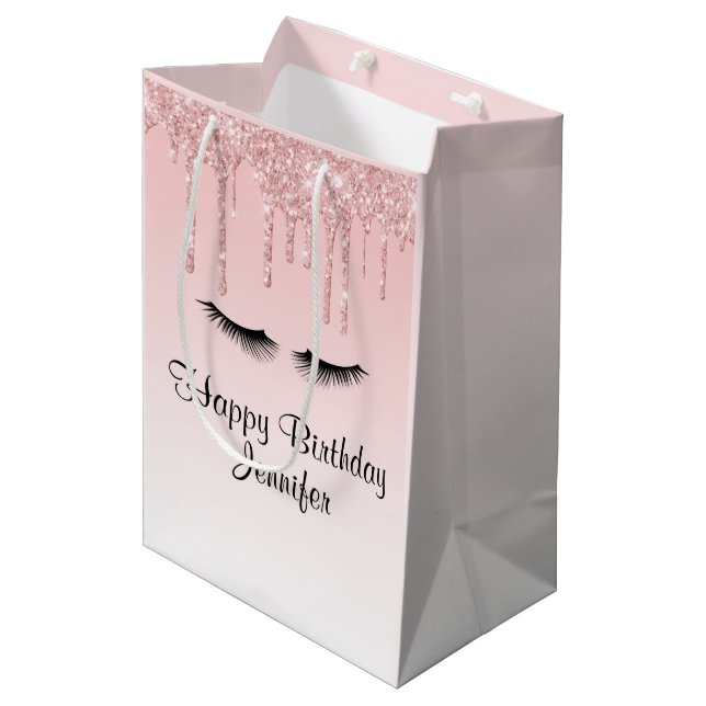 Modern Pink Glitter Drips & Eyelashes Birthday Medium Gift Bag (Front Angled)