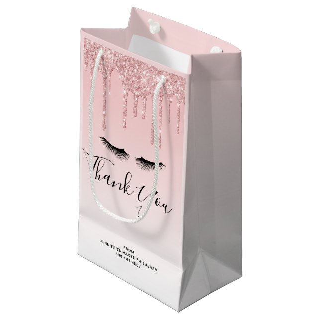 Modern Pink Glitter Drips & Eyelashes Business Small Gift Bag (Front Angled)
