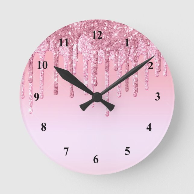 Modern Pink Glitter Drips Graphic Round Clock (Front)