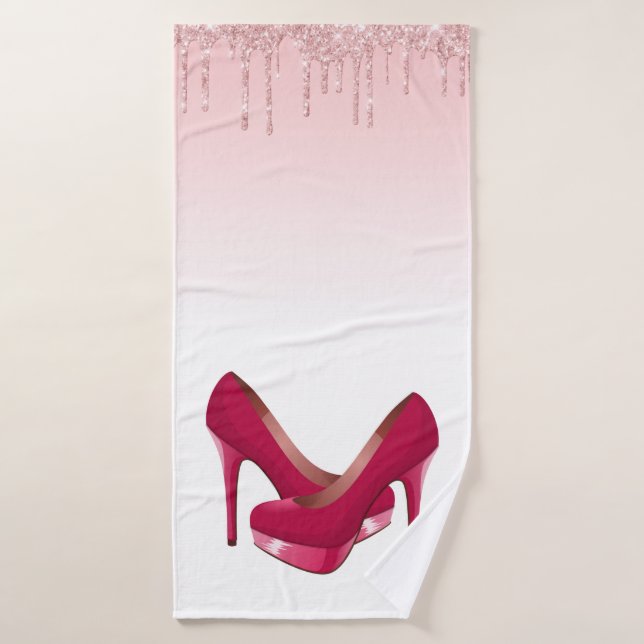 Modern Pink Glitter Drips & High Heels Bath Towel Set (Bath Towel)