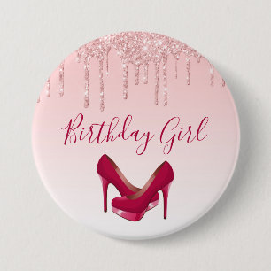Modern Pink Glitter Drips & High Heels Birthday 3 Inch Round Button