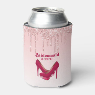 Modern Pink Glitter Drips & High Heels Bridesmaid Can Cooler