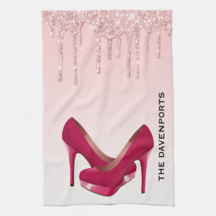 Modern Pink Glitter Drips & High Heels Kitchen Towel