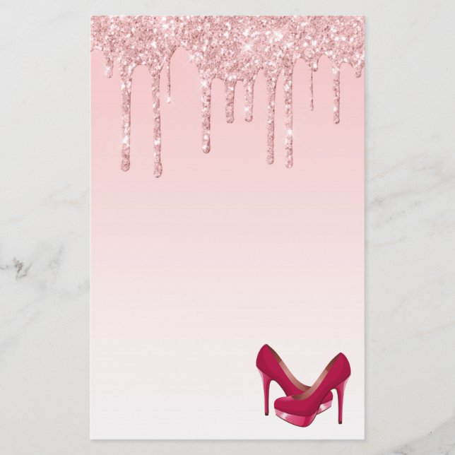 Modern Pink Glitter Drips & High Heels Stationery (Front)