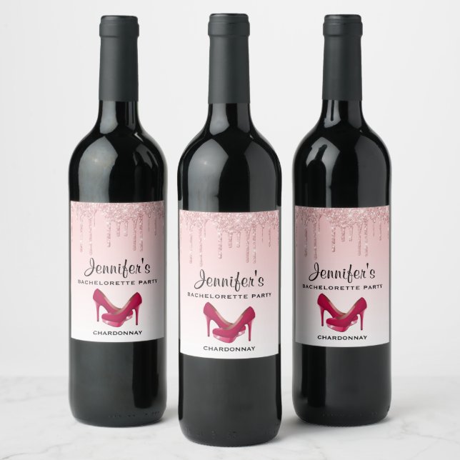 Modern Pink Glitter Drips & High Heels Wine Label (Bottles)