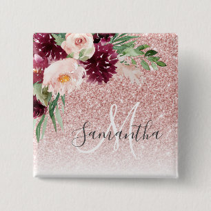 Modern Pink Glitter & Flower Sparkle With Name  2 Inch Square Button