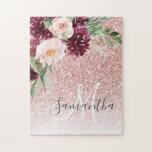 Modern Pink Glitter & Flower Sparkle With Name  Jigsaw Puzzle<br><div class="desc">Modern Pink Glitter & Flower Sparkle With Name</div>