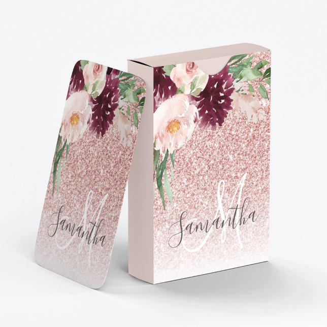 Modern Pink Glitter & Flower Sparkle With Name  Playing Cards (Creator Uploaded)