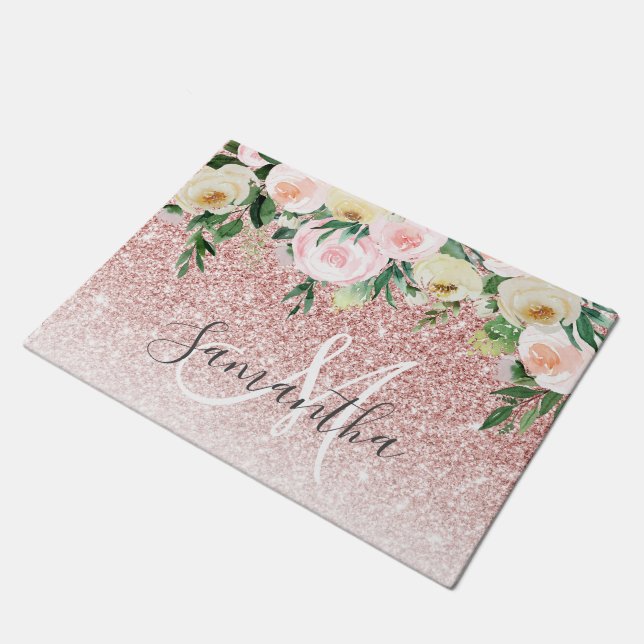 Modern Pink Glitter & Flowers Sparkle With Name Doormat (Angled)