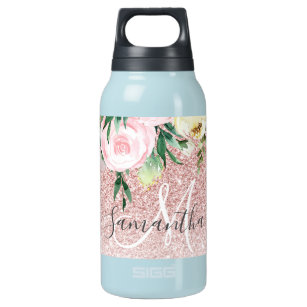 Modern Pink Glitter & Flowers Sparkle With Name Insulated Water Bottle