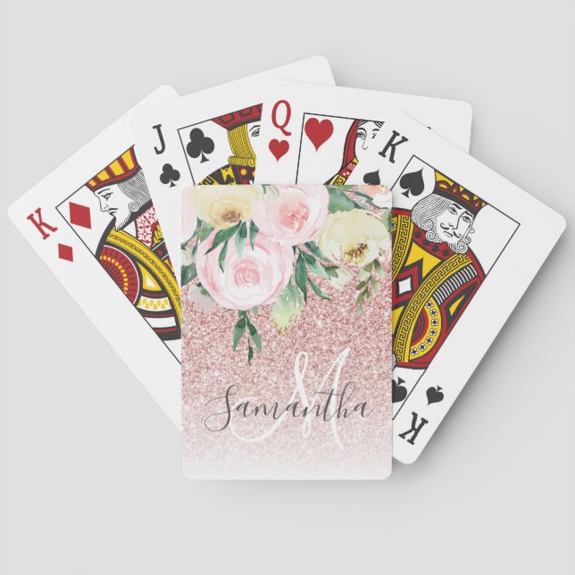 Modern Pink Glitter & Flowers Sparkle With Name Playing Cards (Back)