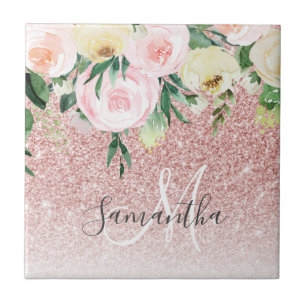 Modern Pink Glitter & Flowers Sparkle With Name Tile