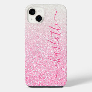 Modern Pink Glitter Girly Chic Personalized Name iPhone 14 Plus Case