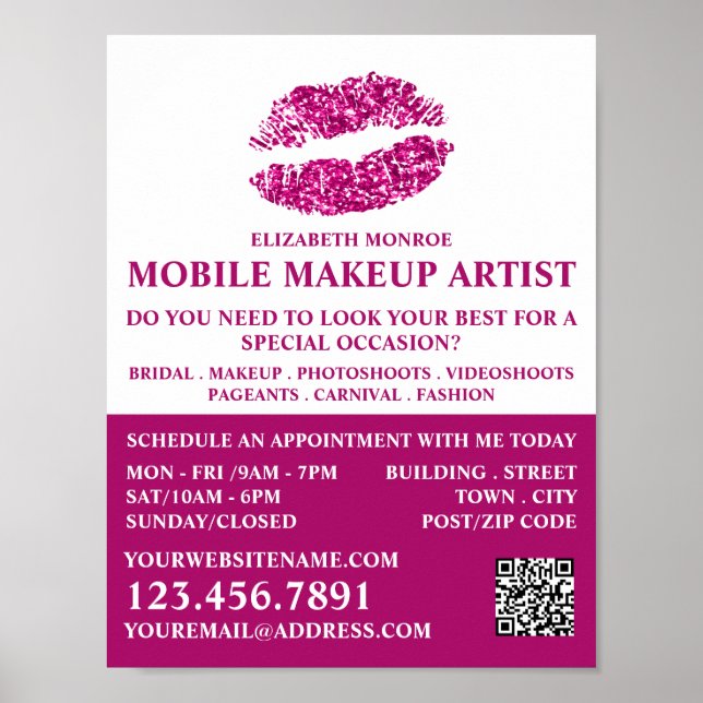 Modern Pink Glitter Lips, Makeup Artist Advert Poster (Front)
