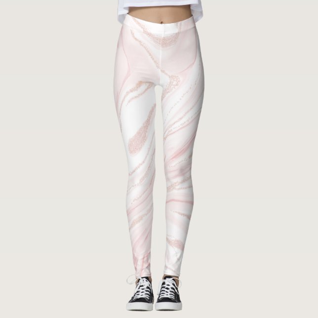Modern Pink Glitter Marble Leggings (Front)