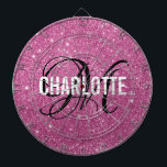 Modern pink glitter monogram name dart board<br><div class="desc">Modern pink glitter dart board with a white typography name and black monogram. Personalize with name and initial.</div>