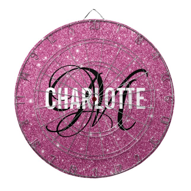 Modern pink glitter monogram name dart board (Front)