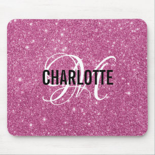 Modern pink glitter monogram name mouse pad