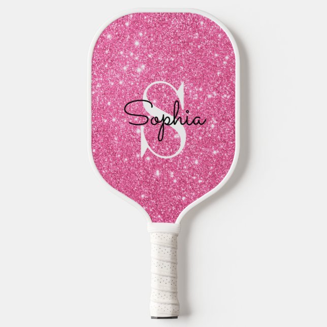 Modern Pink Glitter Monogram Personalized Name Pickleball Paddle (Front)