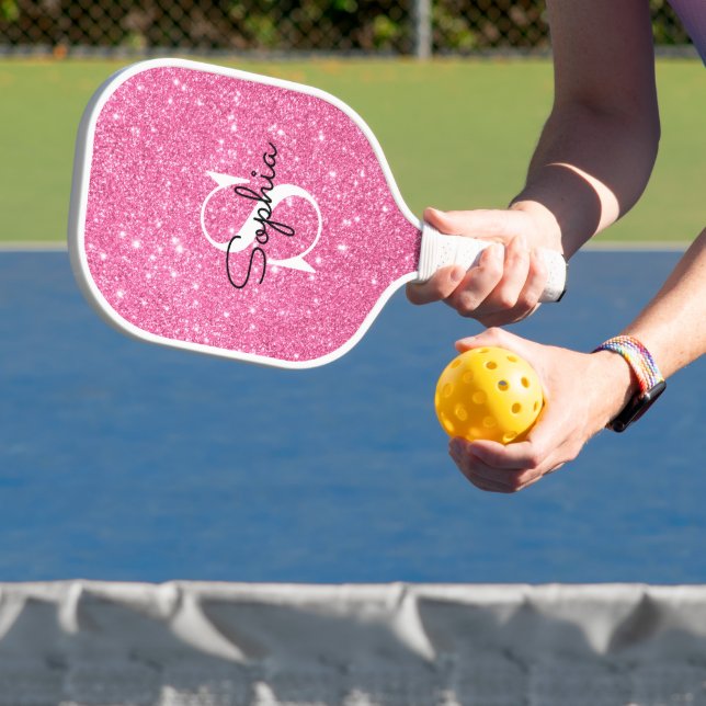 Modern Pink Glitter Monogram Personalized Name Pickleball Paddle (Insitu)