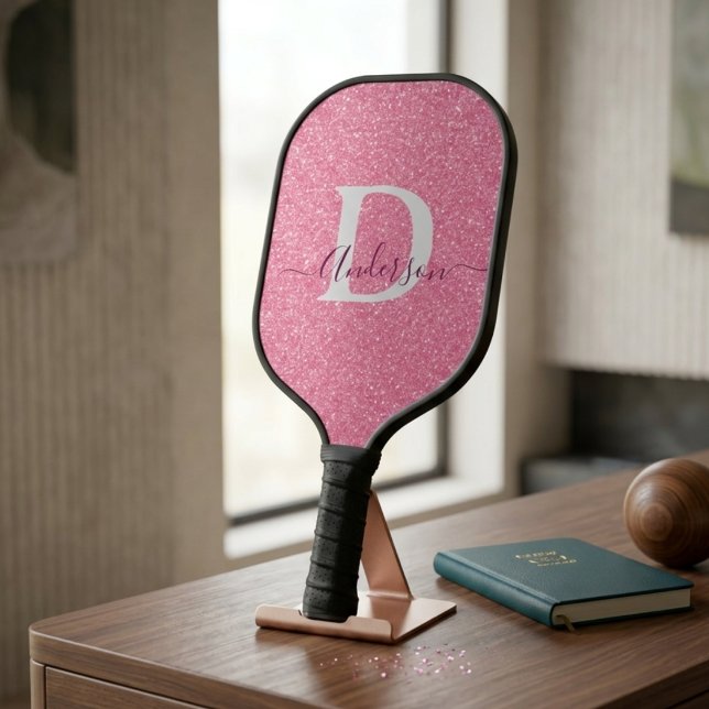 Modern Pink Glitter Monogram Personalized Name Pickleball Paddle (Creator Uploaded)