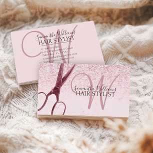 Modern Pink Glitter Monogram Scissor Hair Stylist  Business Card