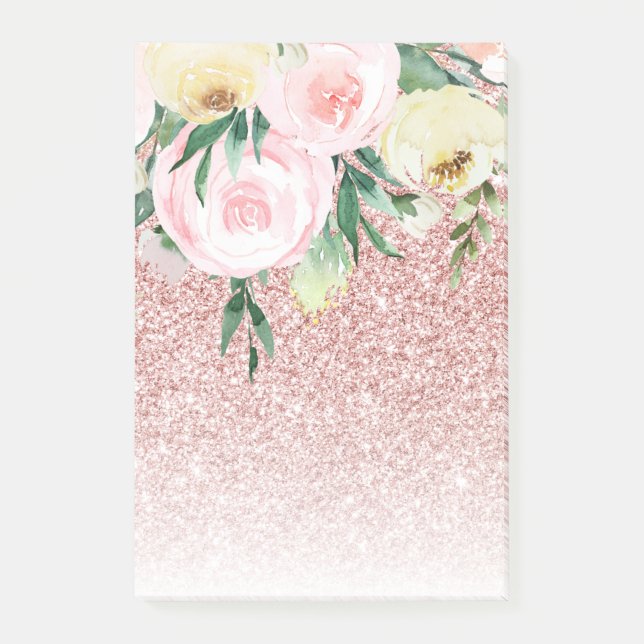 Modern Pink Glitter & Pastel Flowers Sparkle Gift Post-it Notes (Front)