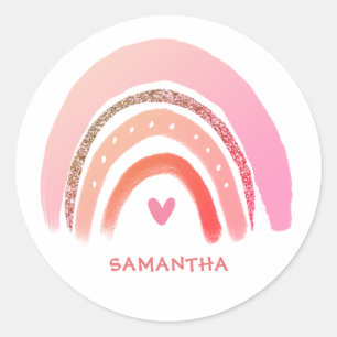 Modern Pink Glitter Personalized Rainbow  Classic Round Sticker