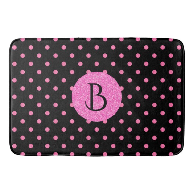 Modern Pink Glitter Polka-Dots Pattern Monogram Bath Mat (Front)