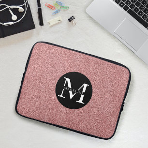 Modern Pink Glitter Sparkle Monogram Name Laptop Sleeve