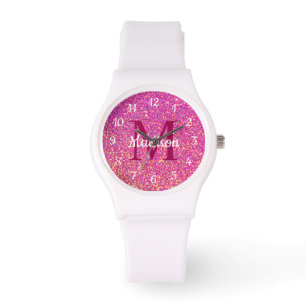 Modern Pink Glitter Sparkle Monogram Personalized Watch