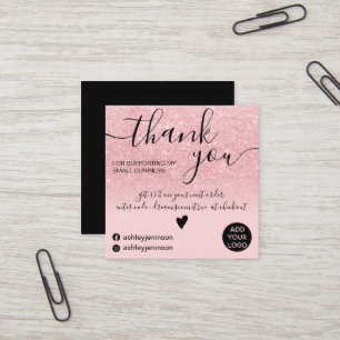 Modern pink glitter sparkles chic order thank you square business card