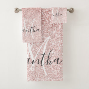 Modern Pink Glitter Sparkles Personalized Name Bath Towel Set