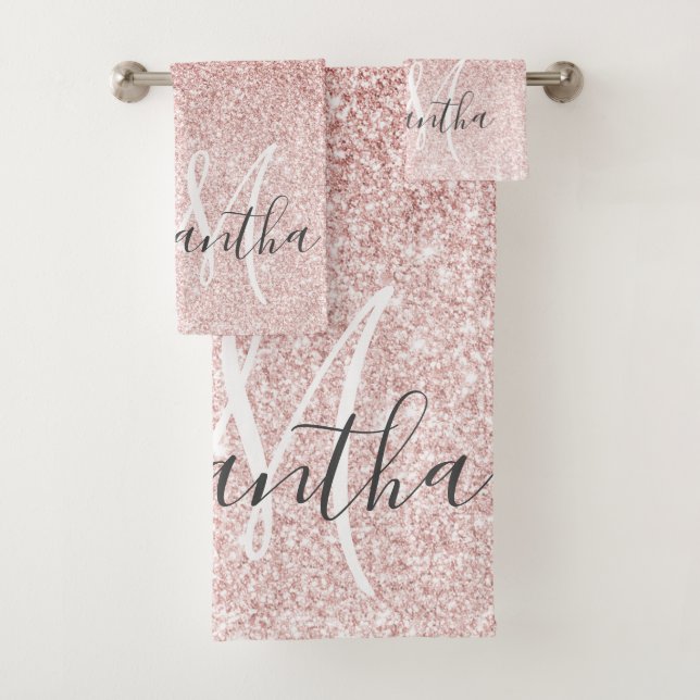 Modern Pink Glitter Sparkles Personalized Name Bath Towel Set (Insitu)