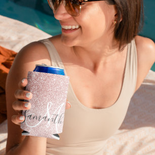 Modern Pink Glitter Sparkles Personalized Name Can Cooler